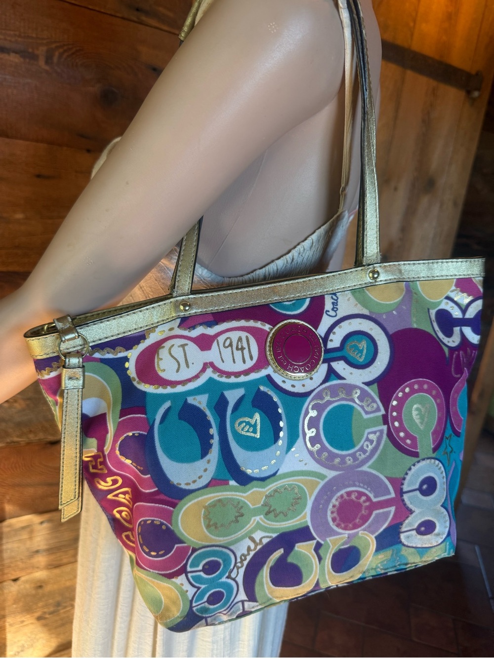 Coach Multicolor Signature Tote with Gold Trim graffiti y2k